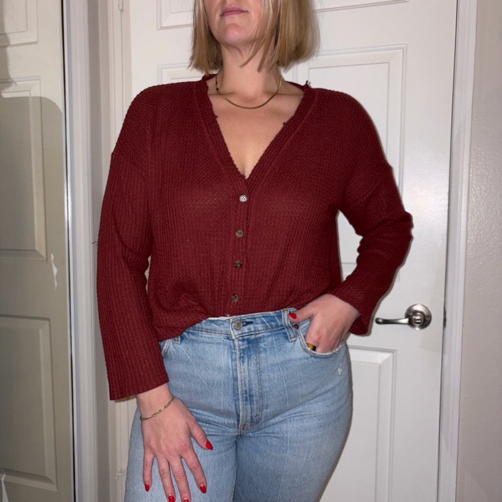 Socialite Women's Deep Red V-Neck Thermal Long Sleeve